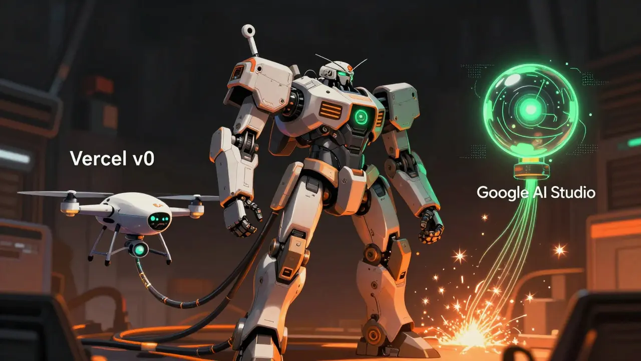 Three distinct robots connecting via data cables in dark lab