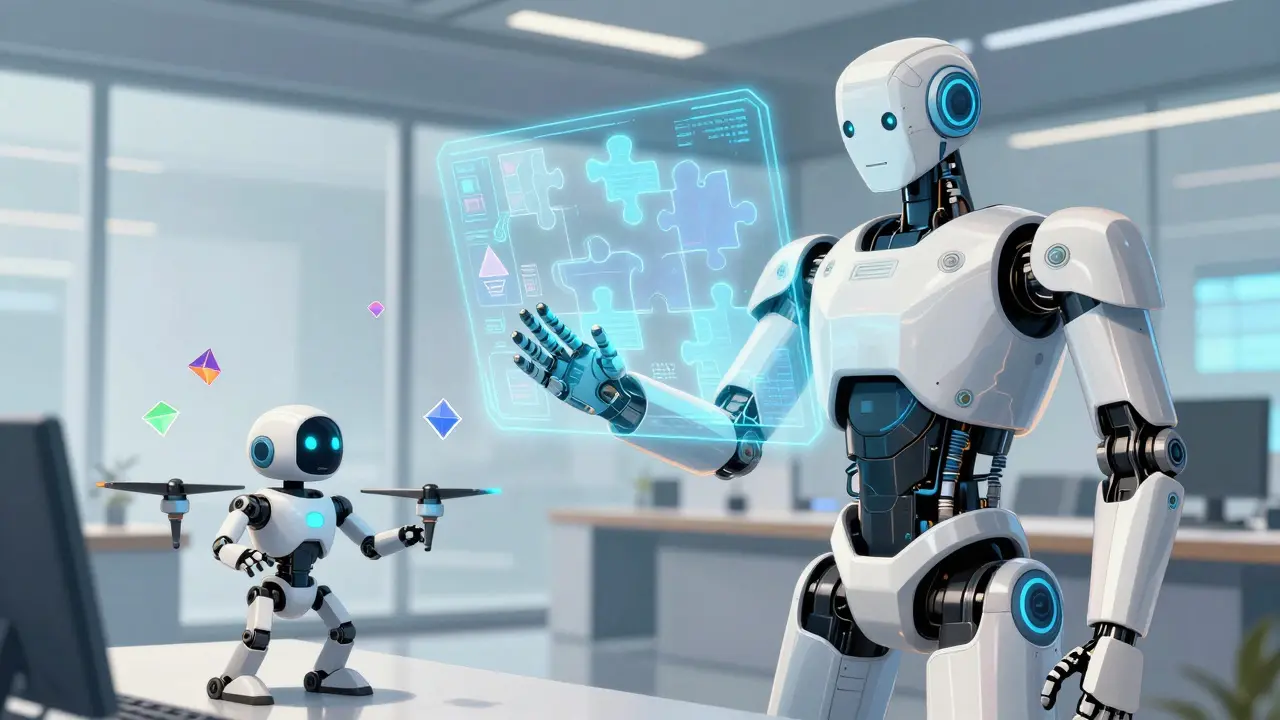 Two robots collaborating on hybrid AI task processing workflow