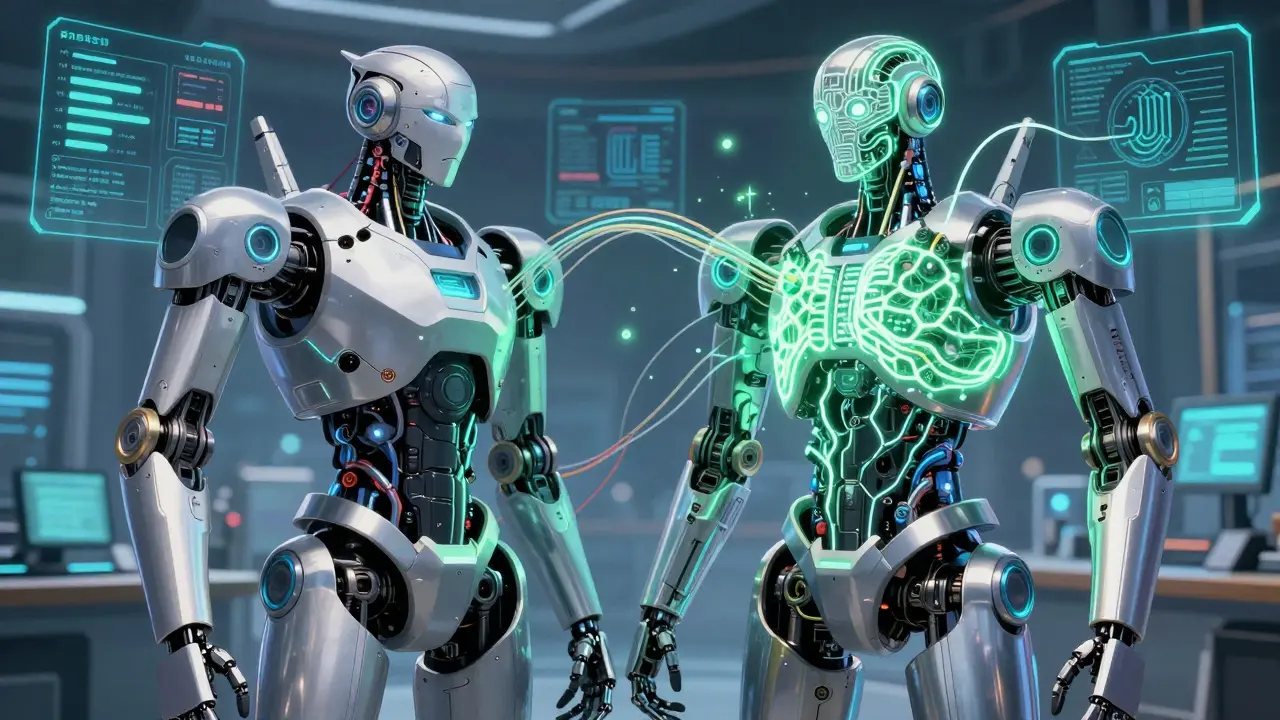Two robots merging into a hybrid system symbolizing balanced AI development.