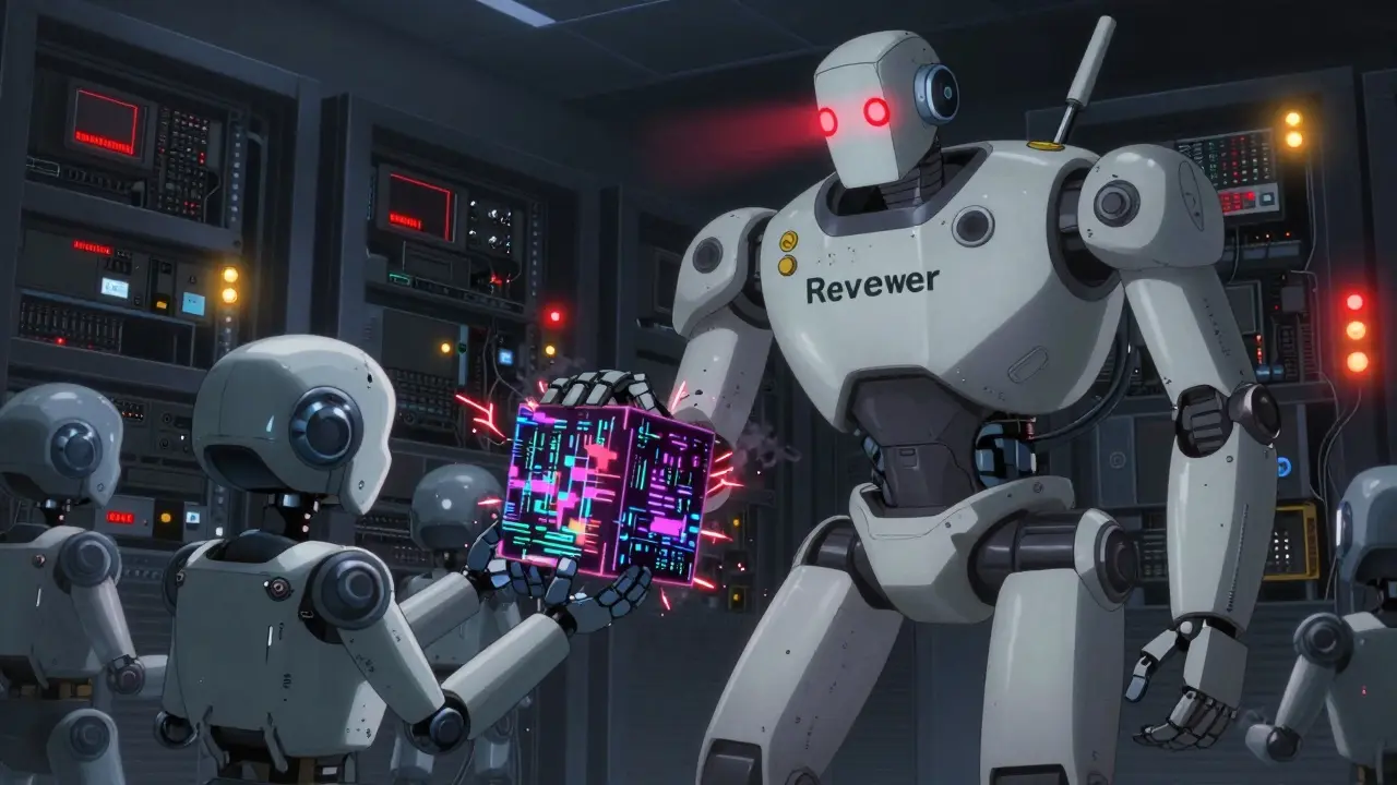 A reviewer robot inspecting glitching worker bots amidst error propagation in an anime style