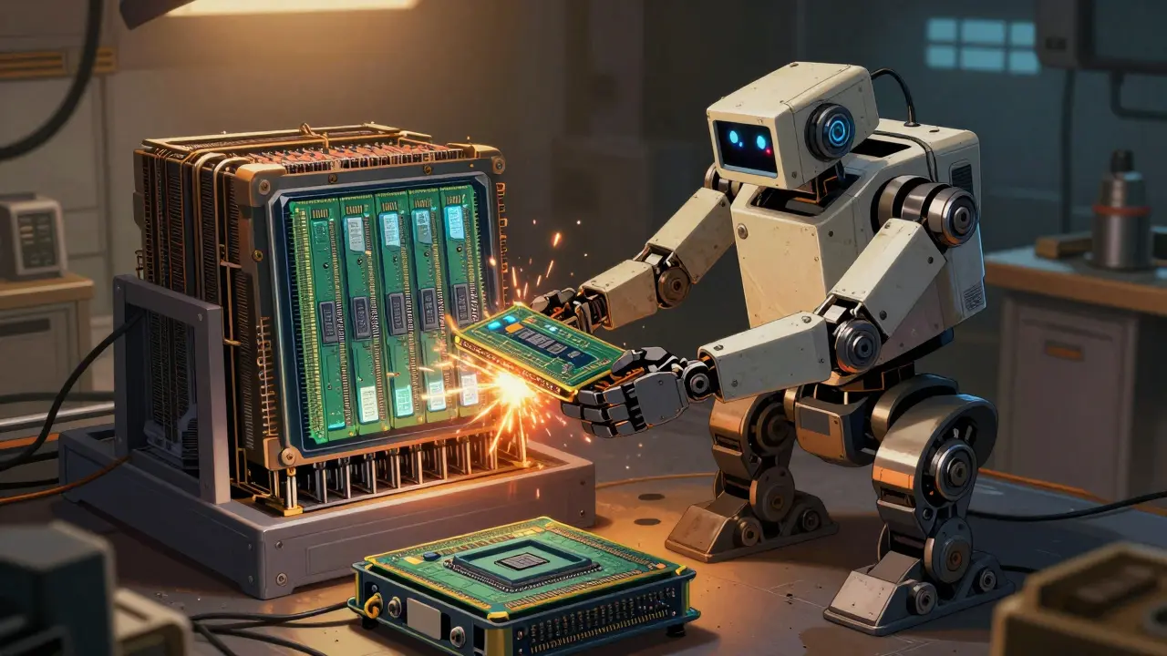 A small utility robot manually transferring memory modules in a gritty industrial setting.