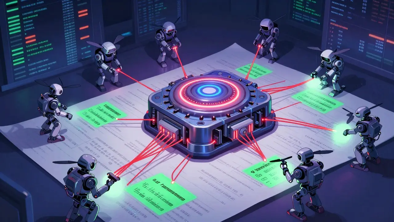 AI core tethered to source evidence with scanning drones nearby
