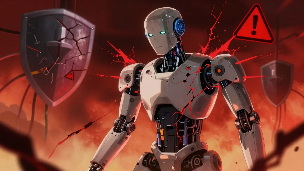 AI robot surrounded by red glitch effects representing security flaws