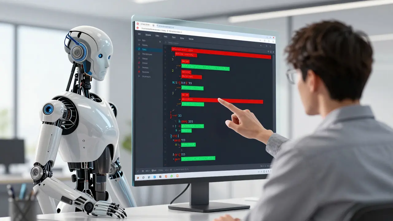 Android assistant reviewing code diffs with a human engineer