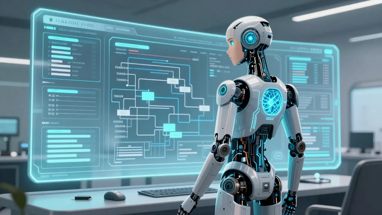 Android managing AI-native scheduling system in futuristic control room