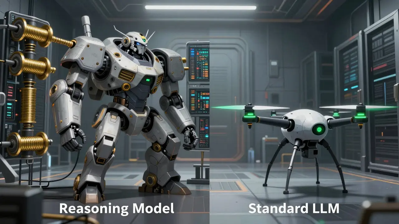 Comparison of a heavy reasoning robot and a lightweight standard AI drone in a server room.