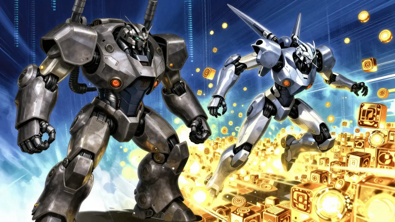 Comparison of bulky vs streamlined mechs representing old vs optimal AI training.