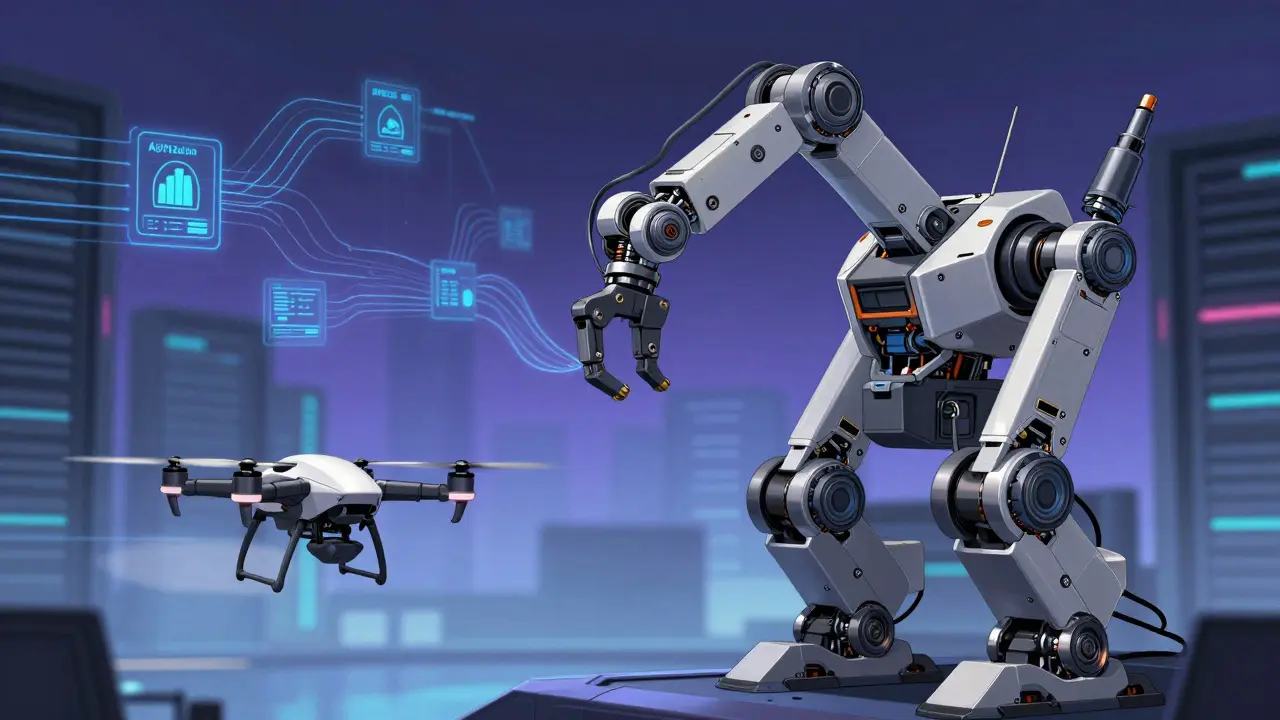 Comparison of fast drone vs precise robotic arm for AI workflows