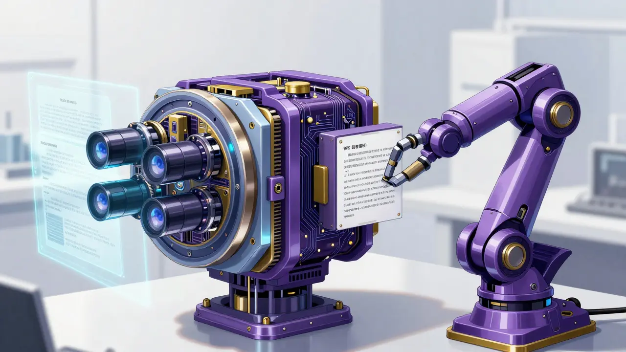 Complex dual-chamber anime robot analyzing and translating documents, representing encoder-decoder precision.