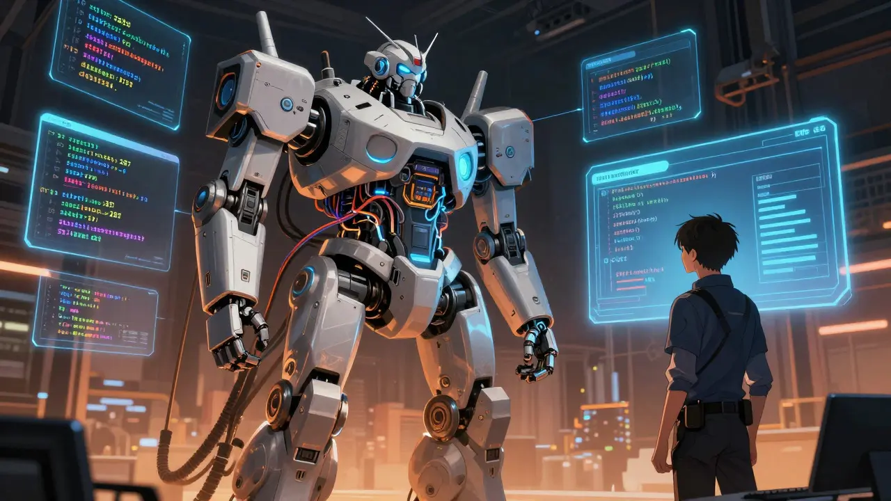Developer analyzing tokenizer maps on holographic screens near an AI mainframe