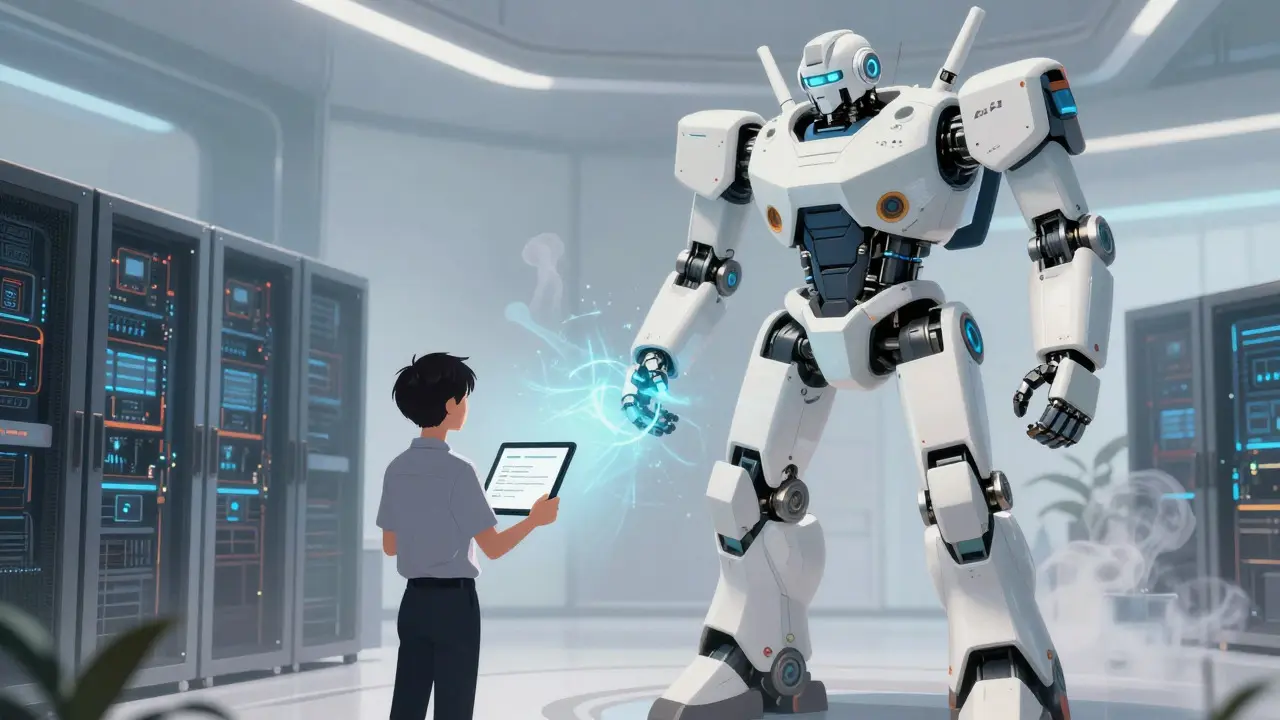 Developer prompting a massive AI robot for instant, efficient results
