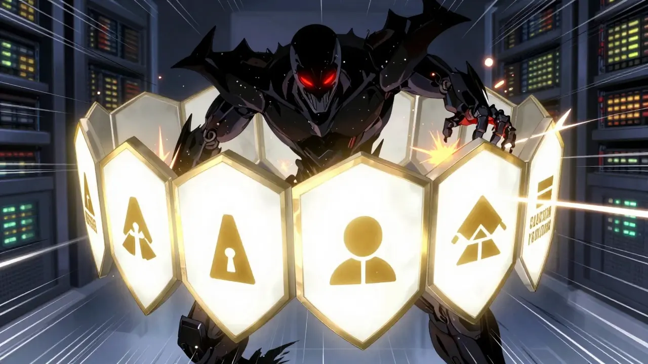 Digital shield blocking a malicious robotic attack on a server