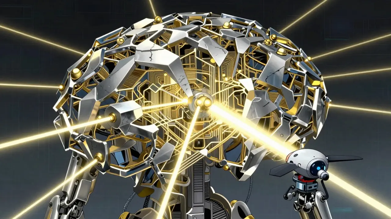 Drone inspecting glowing neural network crystal structure