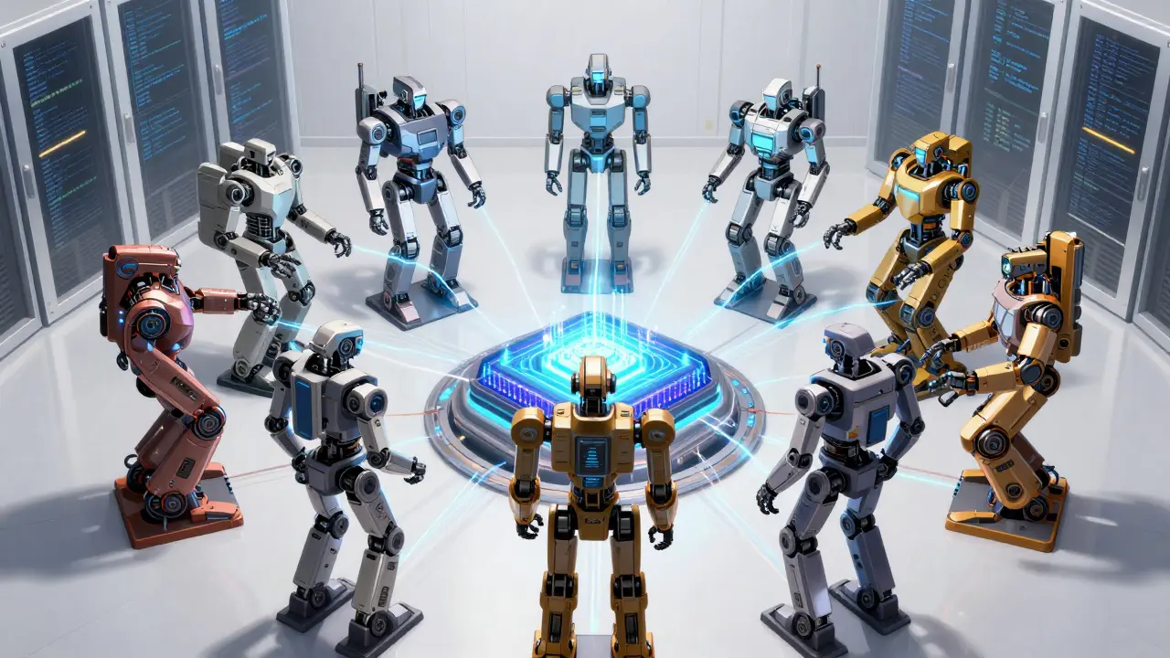 Eight industrial robots coordinating around a central data core
