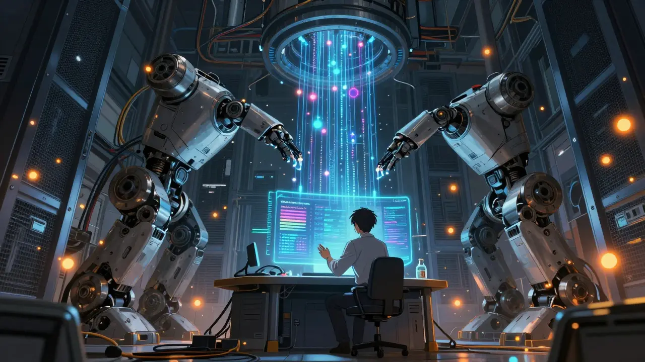 Engineer monitoring massive server infrastructure and data streams in a high-tech industrial setting.
