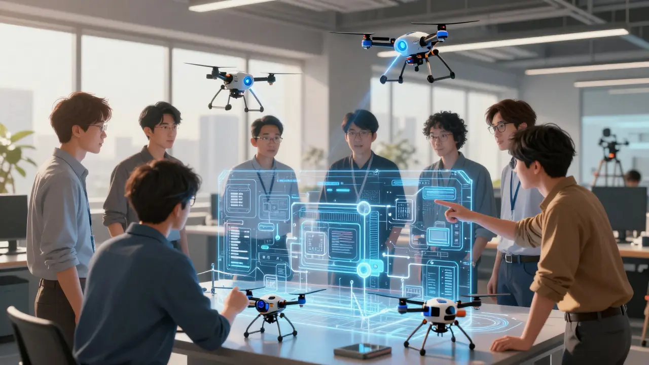 Engineers and drones reviewing system architecture
