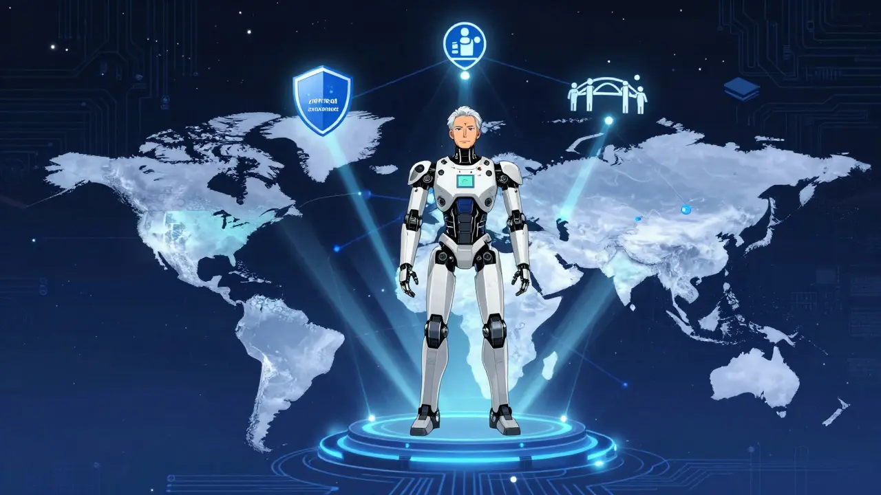 Global network of AI talent connected by light beams, emphasizing remote work and ethics.