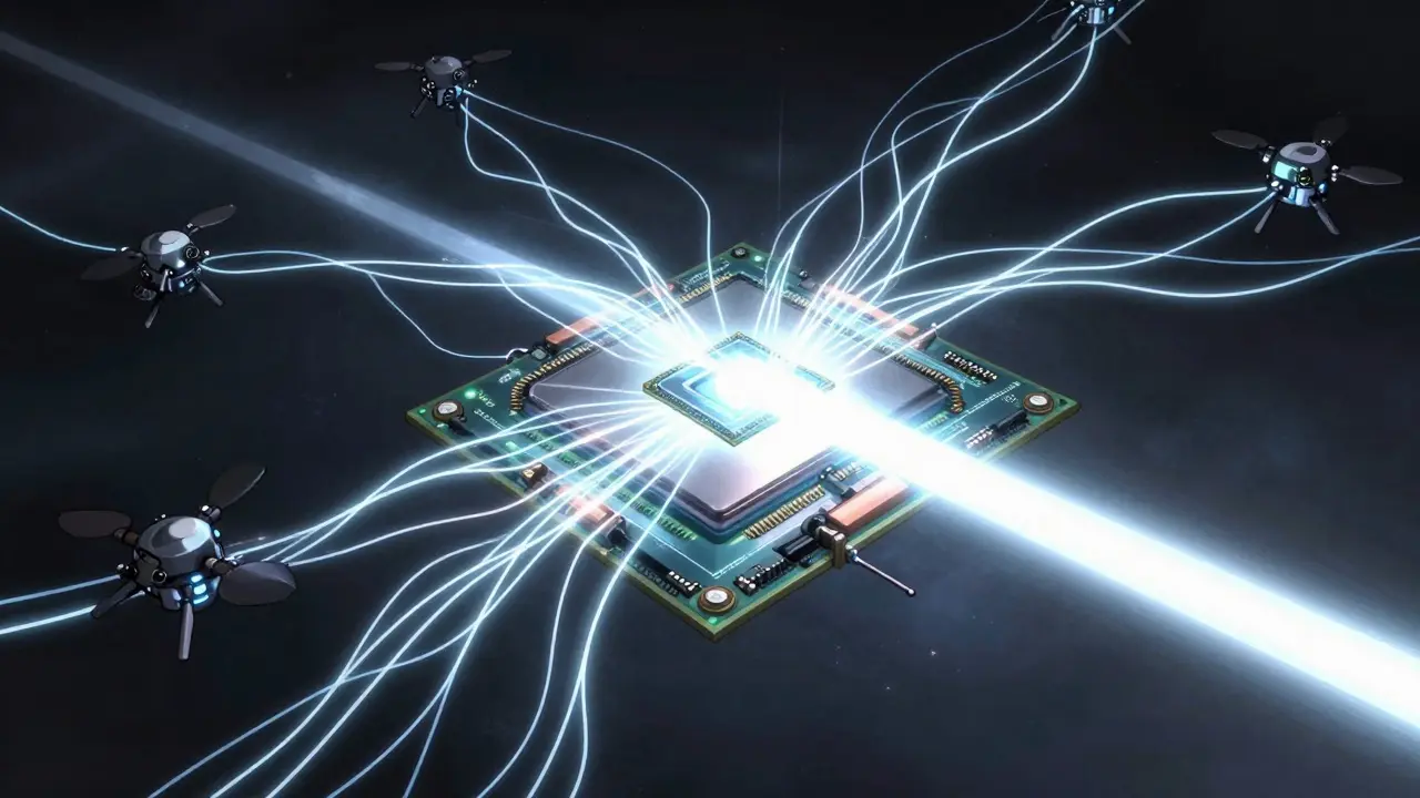 Glowing processor core generating complex branching chains of thought in the dark.