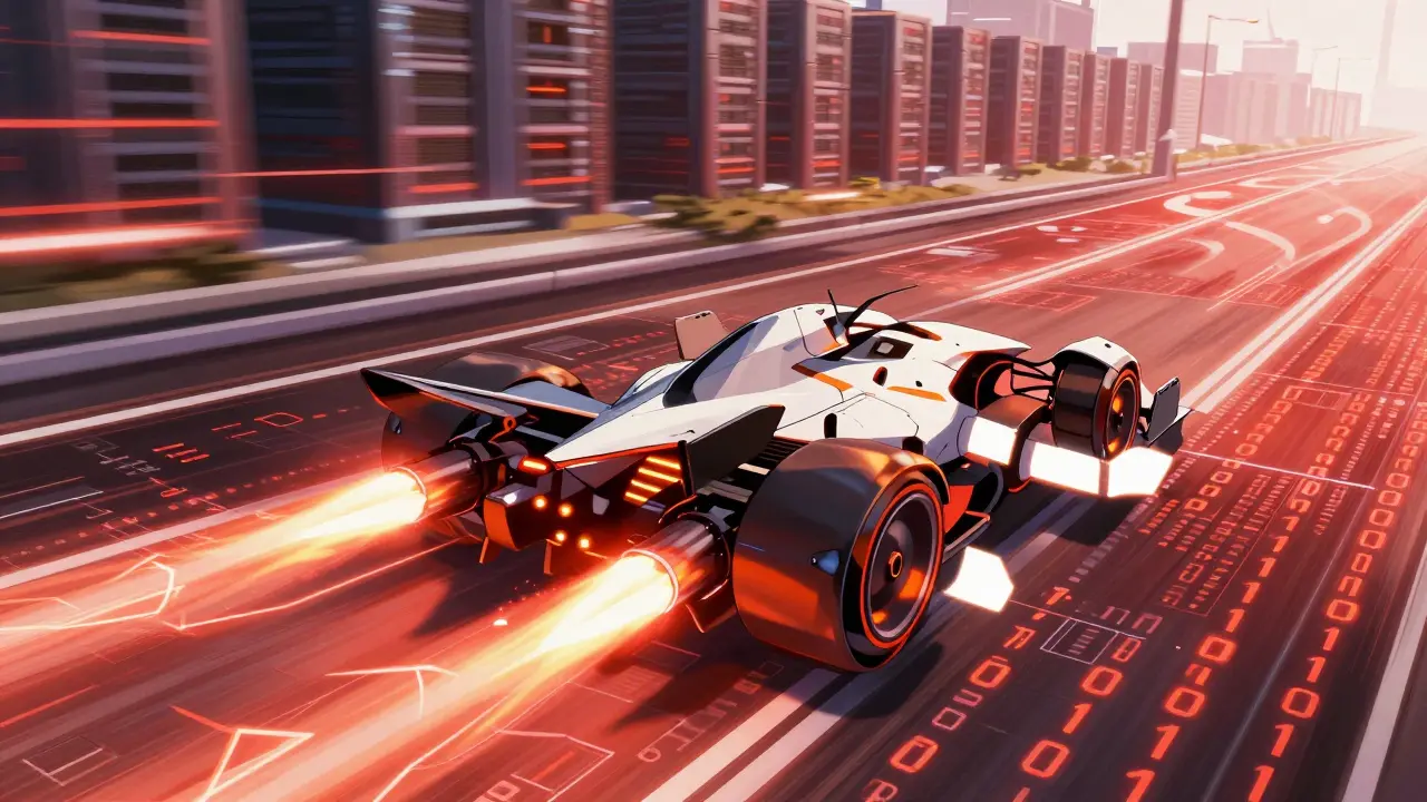 High-speed racing mecha on a digital highway symbolizing max GPU throughput