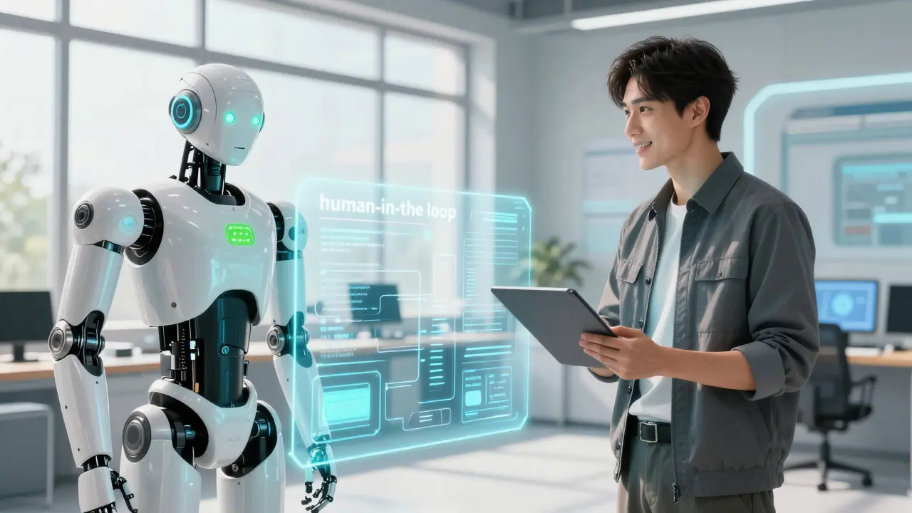 Human engineer and AI robot collaborating with a safety barrier
