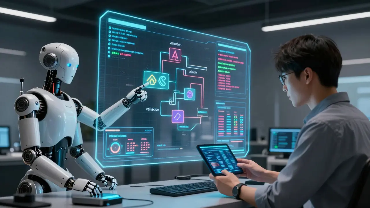 Humans and androids collaborating on a holographic data interface