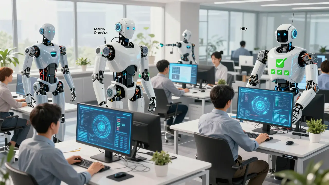 Humans and security robots collaborate in a safe, automated development workflow.