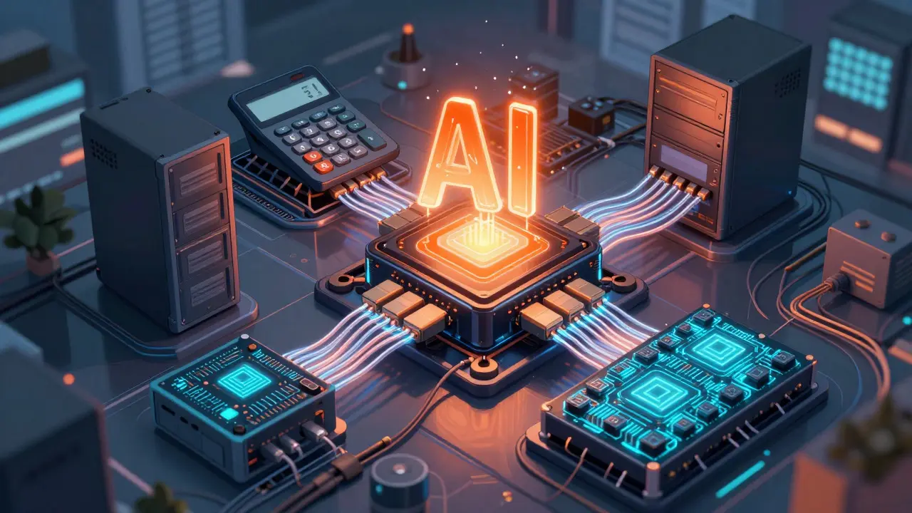 Hybrid AI processor connected to external logic and tool modules