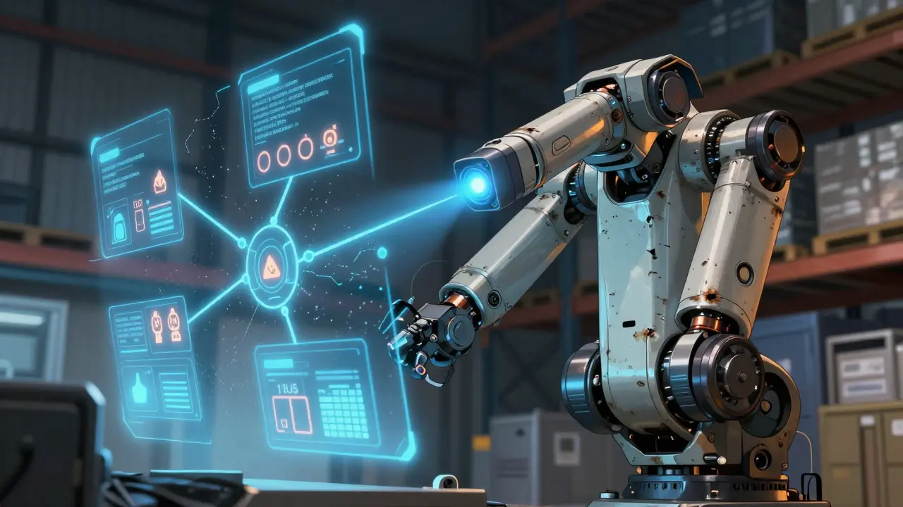 Industrial robot analyzing supply chain disruptions via holograms