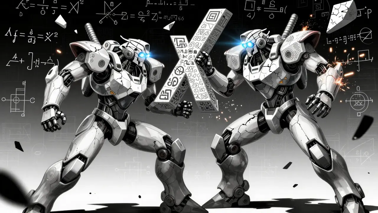 Mech struggling against shifting mathematical symbols