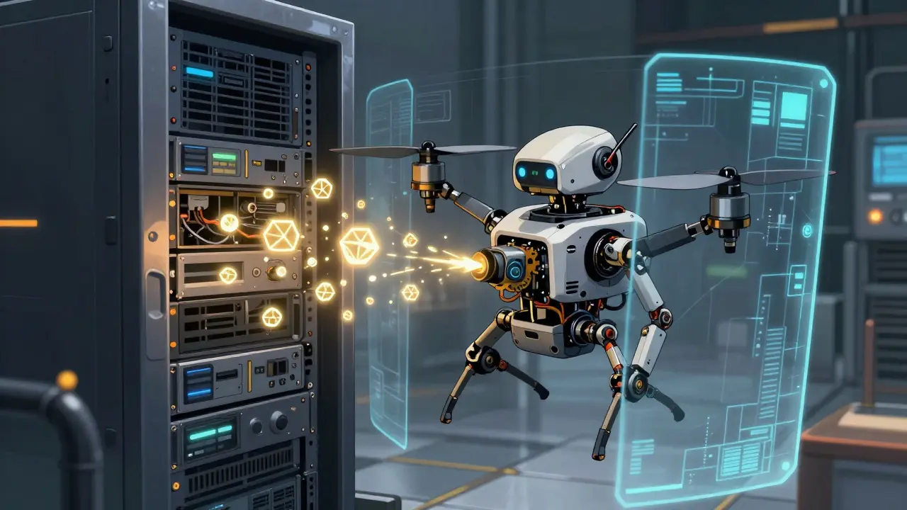 Mechanical AI drone stealing golden data packets from a secure server to a dark cloud