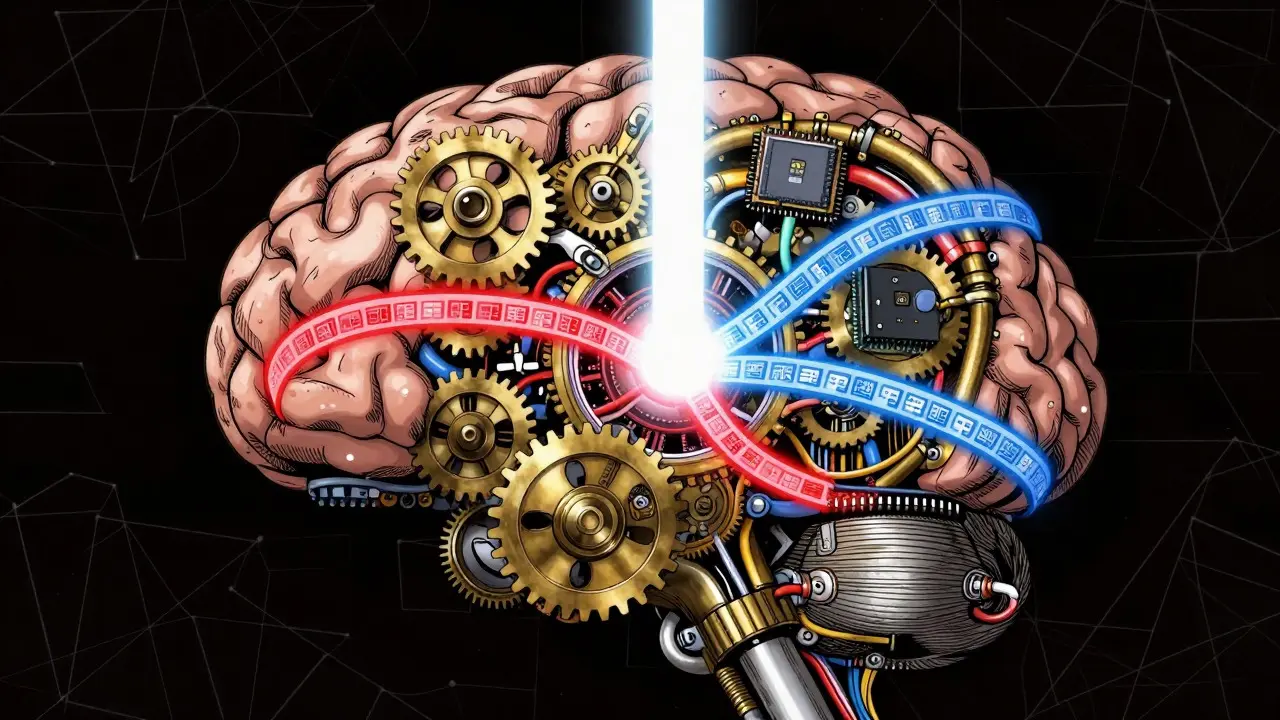 Mechanical brain visualization showing fusion of visual and text data