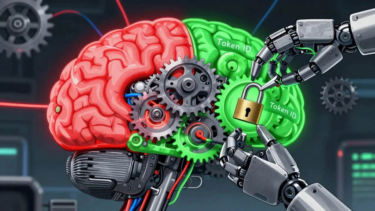 Mechanical brain with robotic arm locking specific gears to ban tokens
