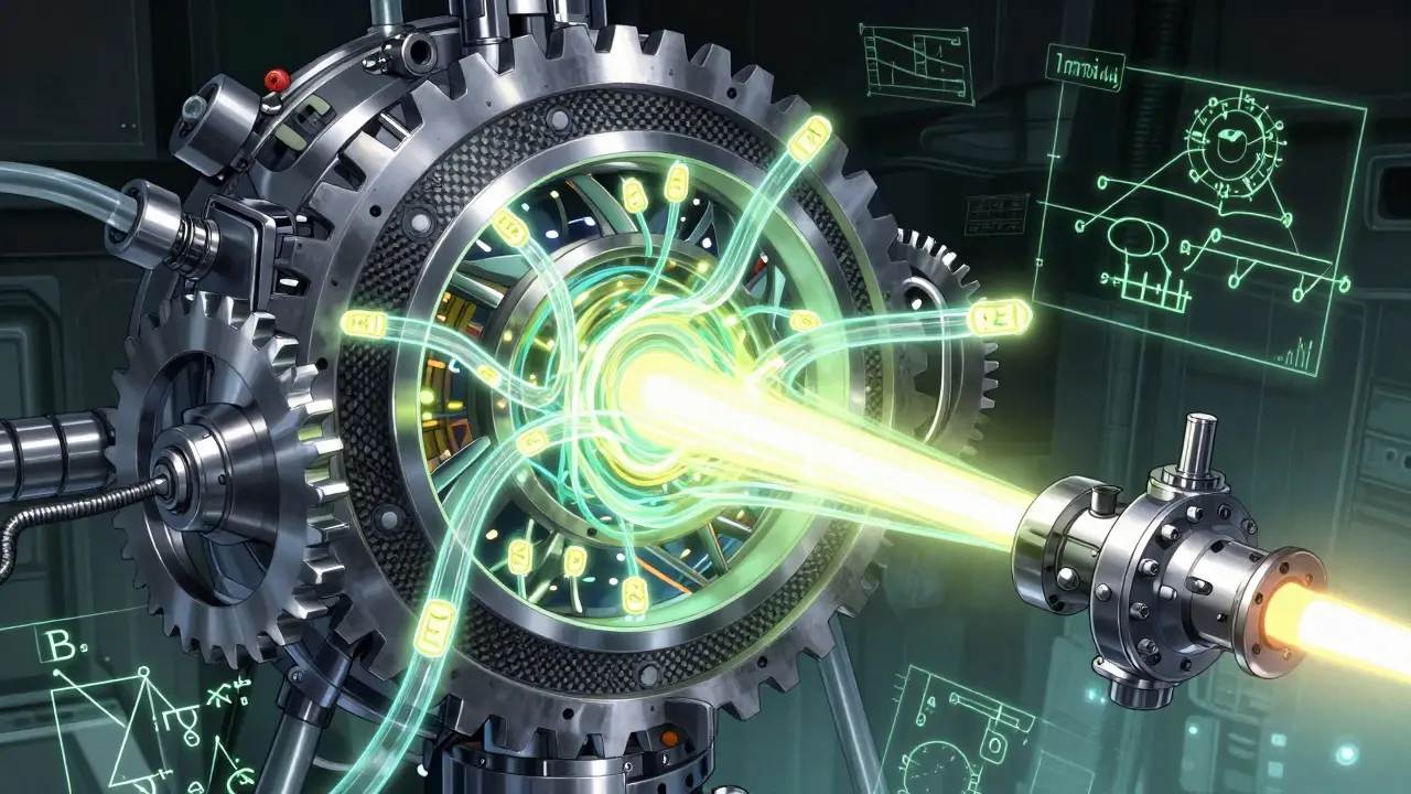Mechanical gears accumulating glowing energy packets representing gradient steps