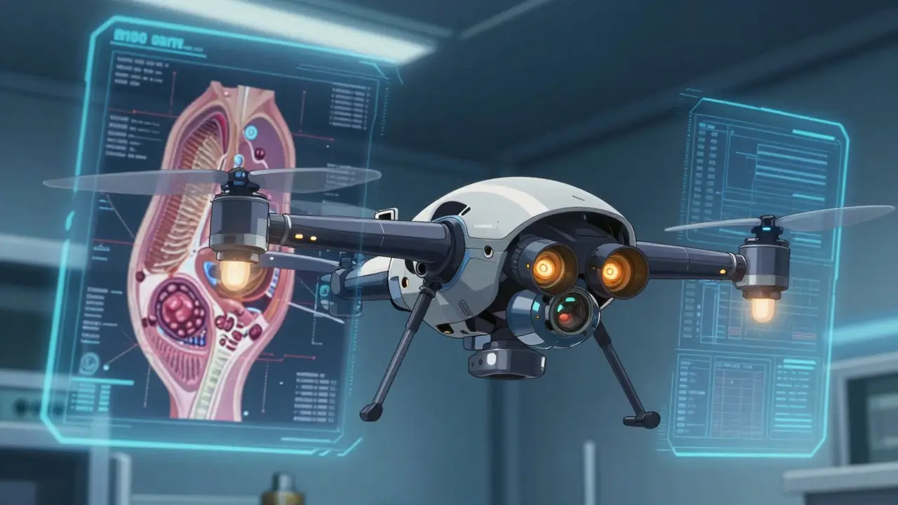 Real robot style medical drone analyzing a holographic body scan