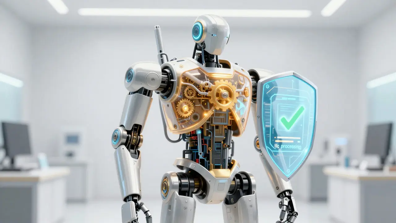 Realistic anime robot verifying data in a lab, symbolizing accurate batch processing