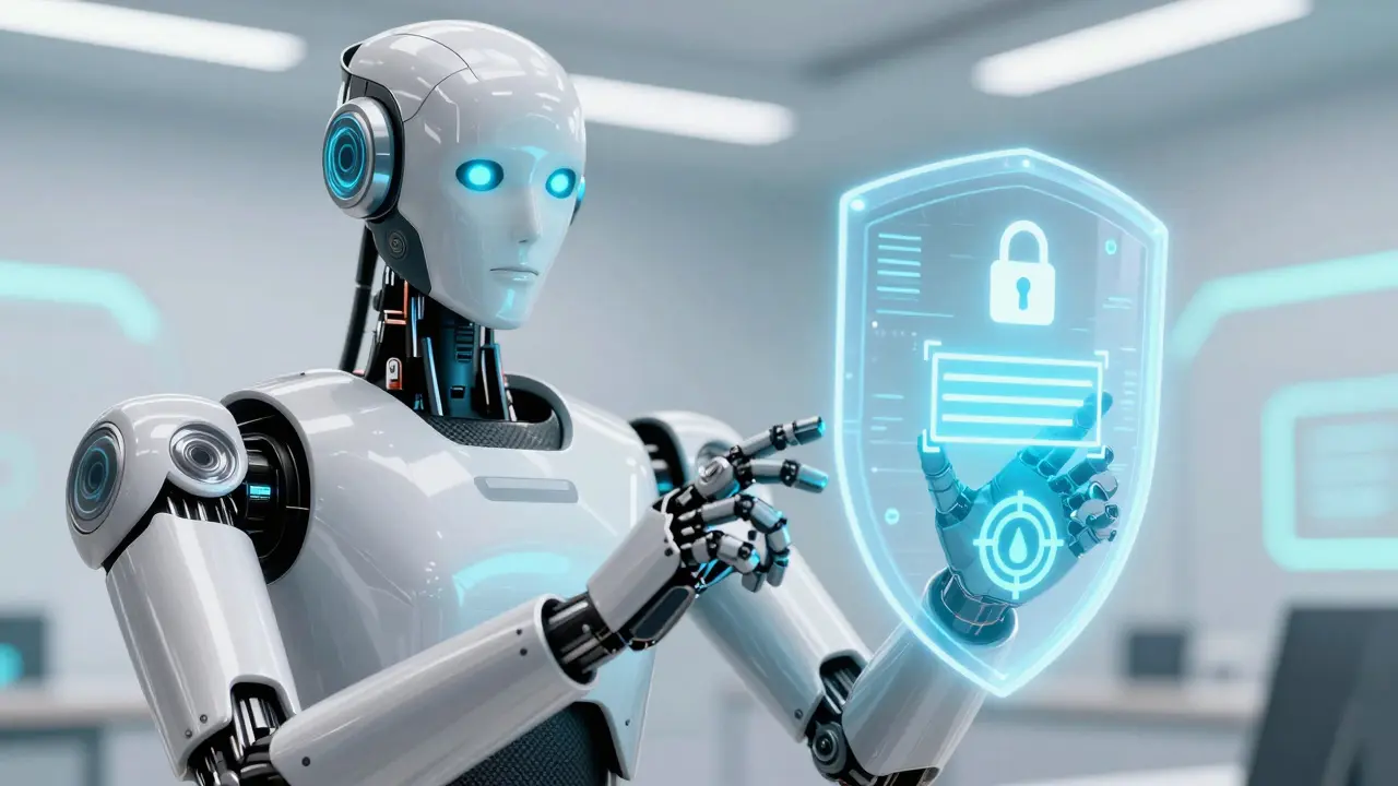 Robot instructor explains security principles using a layered holographic shield.