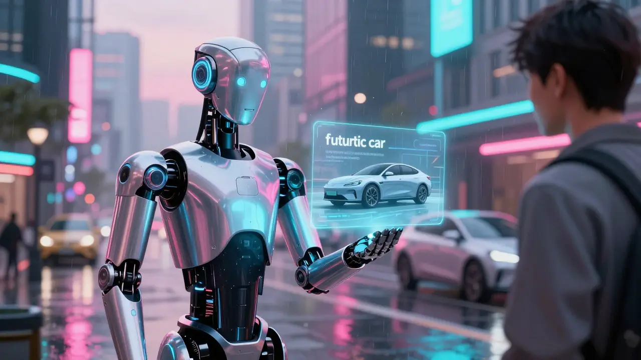 Robot projecting generated car hologram in neon-lit futuristic city