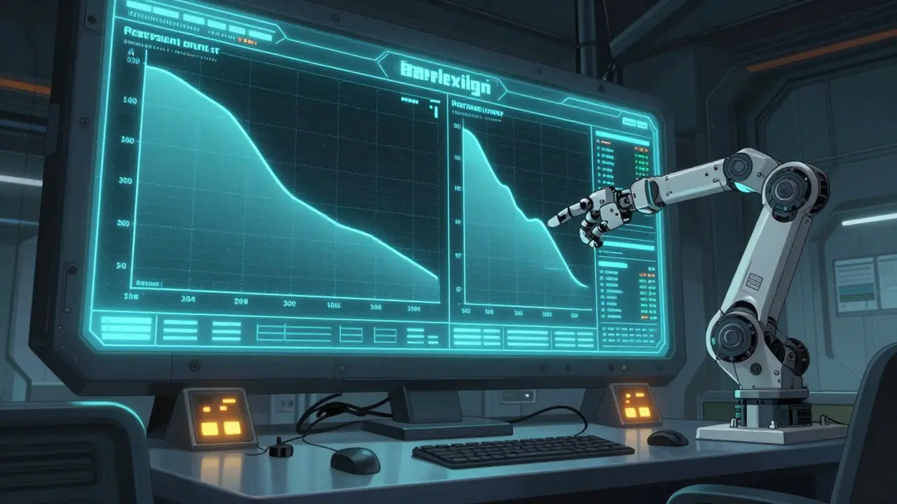 Robotic arm analyzing training loss graphs on console