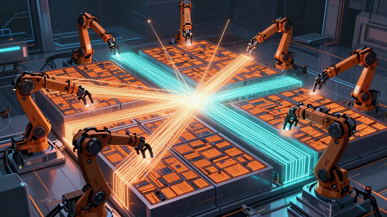 Robotic arms splitting a data matrix and merging results
