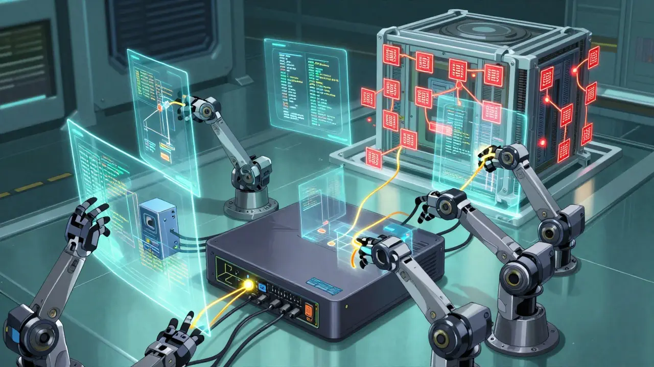 Robotic router sorting data tasks between efficient models and powerful reasoning cores.