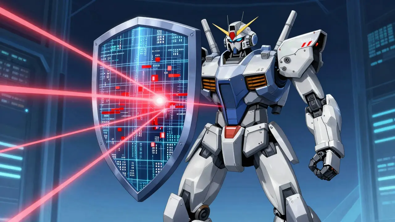 Robotic security sentinel using laser shields to block hidden malicious code in data streams