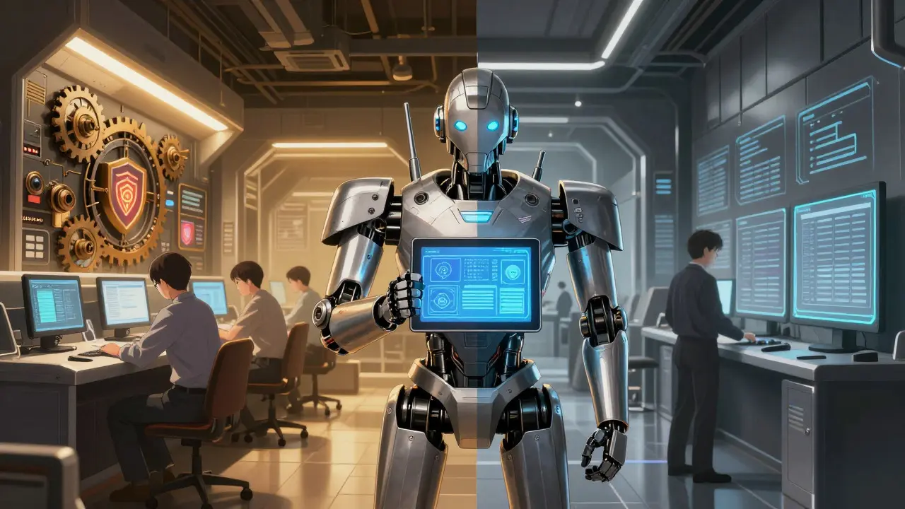 Split scene contrasting internal AI governance and external compliance
