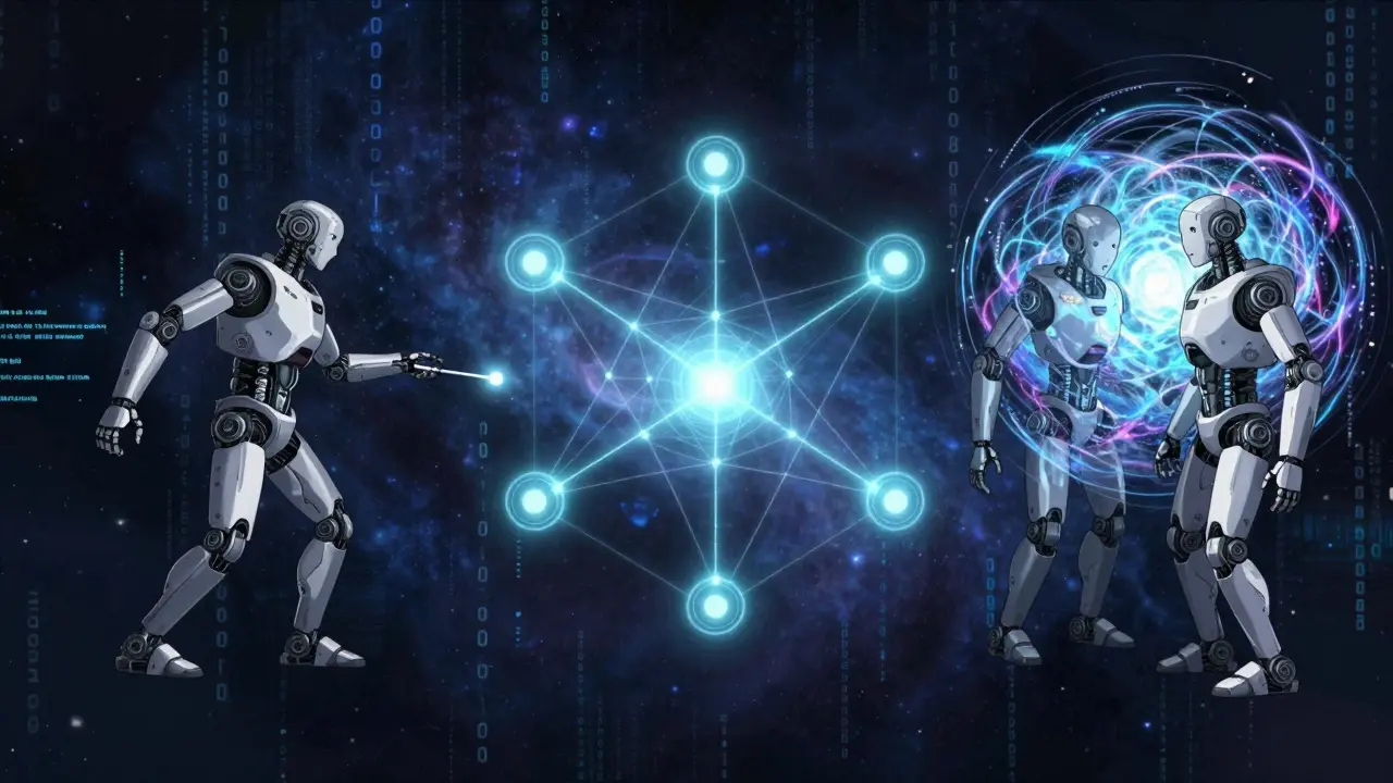 Three robot frameworks comparing sequential, networked, and latent collaboration styles