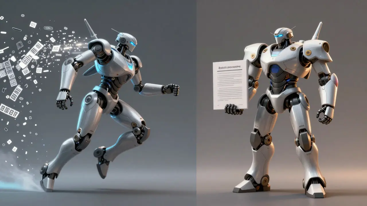 Two anime robots comparing streaming speed versus batch accuracy in a digital void