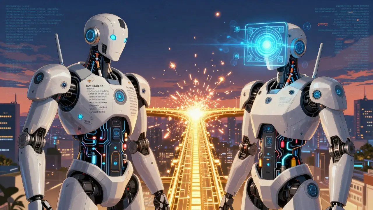 Two anime robots merging into a hybrid AI system with sparks