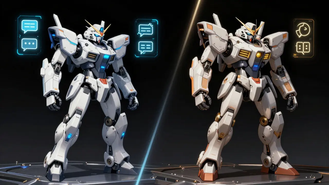 Two contrasting anime mechs side-by-side: one agile and blue, one heavy and gold, comparing AI architectures.