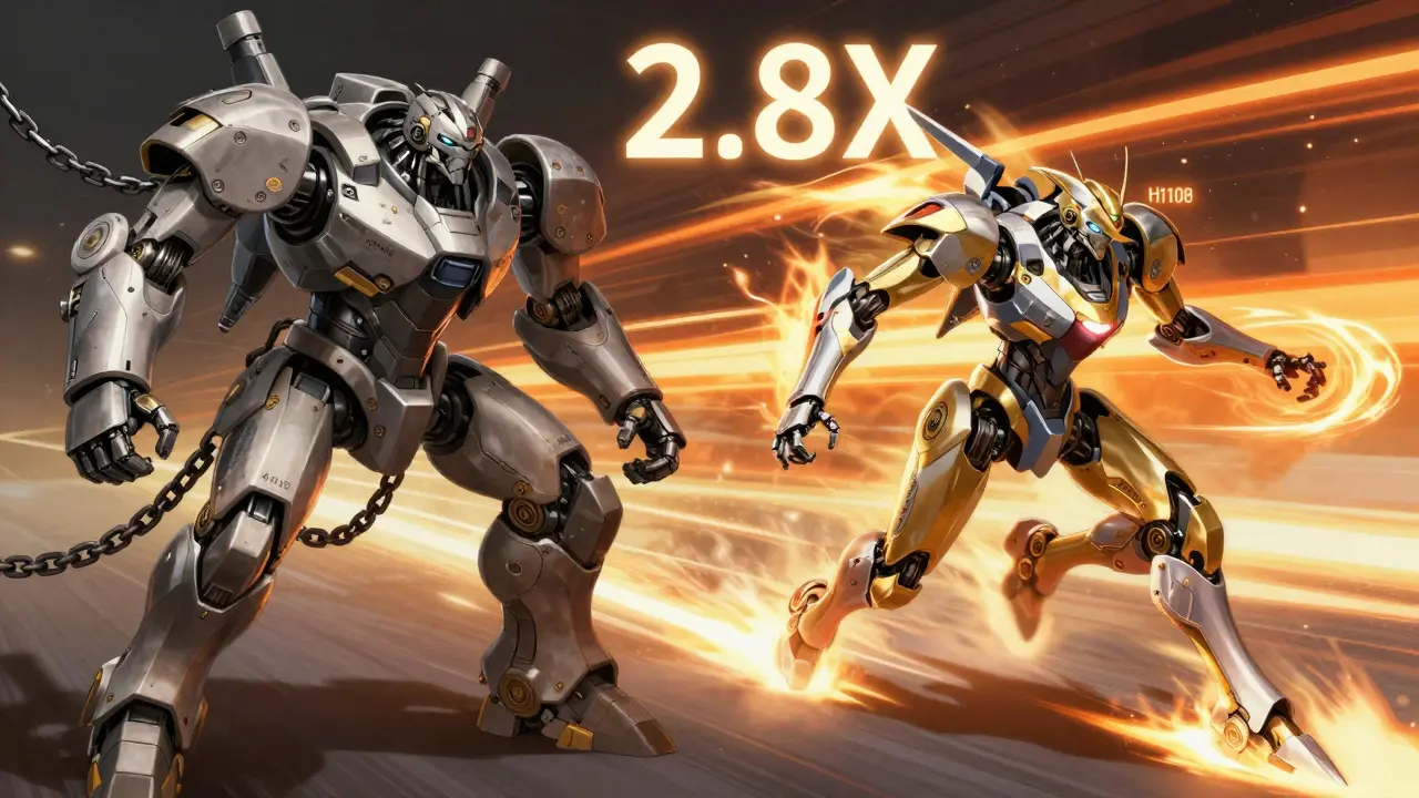 Two mechs battling, one fast and agile representing H100, the other slower representing A100.