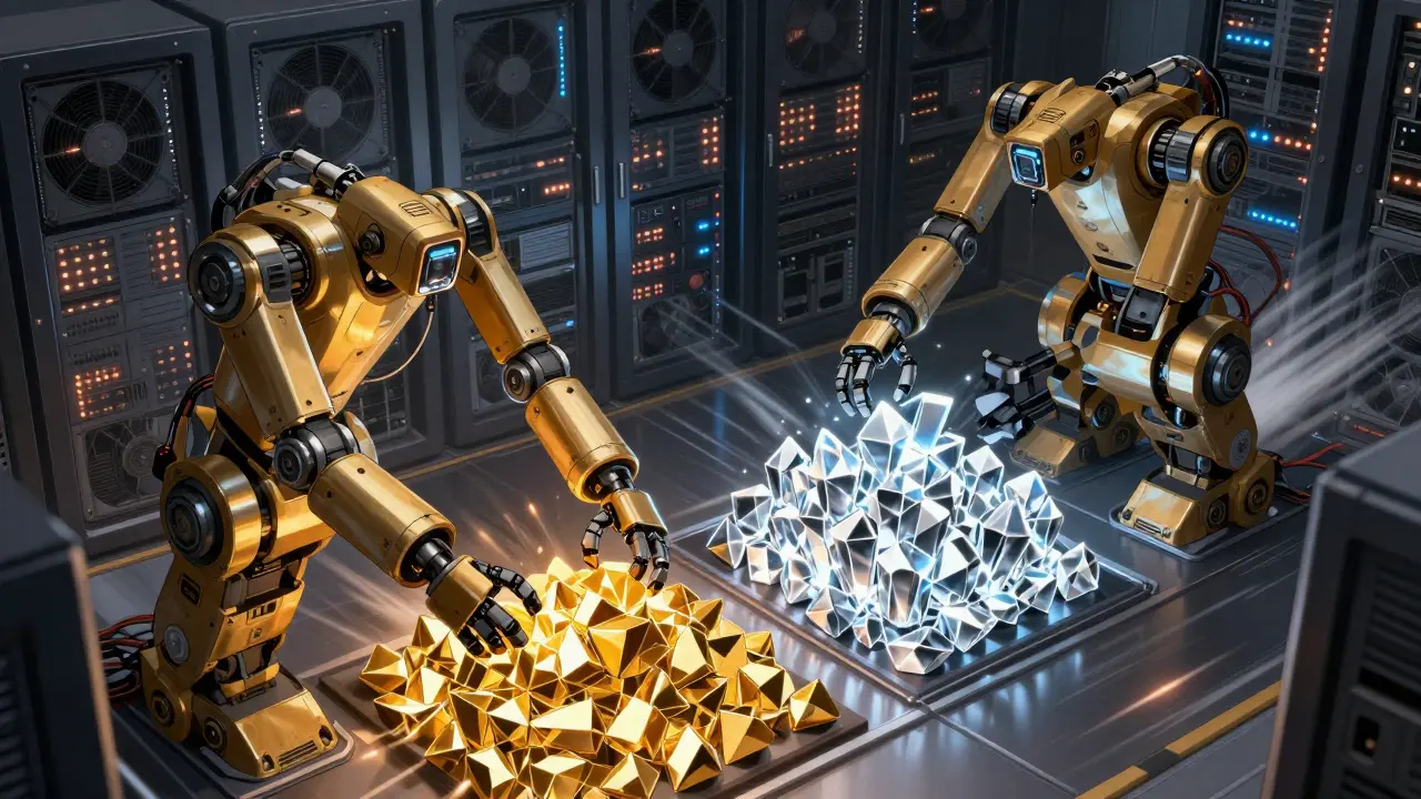 Two robots processing data chunks in parallel server room setting