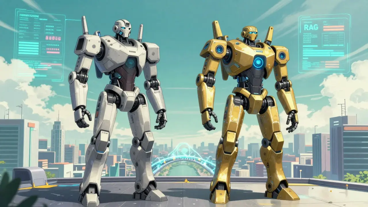 Two robots representing fine-tuning and RAG working together