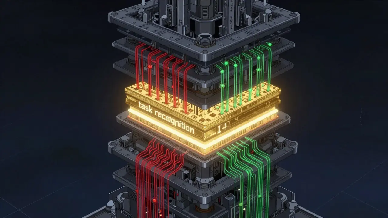 Visualizing neural network layers with a glowing task recognition node